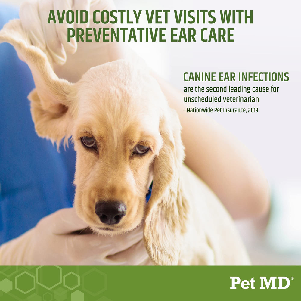 Pet MD ear cleanser ingredients Aloe and Eucalyptus visible for soothing, gentle cleaning.