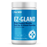 Pet MD EZ-Gland bottle closeup highlights trusted digestion support for dogs.