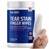 Pet MD Finger Wipes tear-stain face closeup illustrates gentle cleaning for dogs and cats.