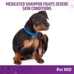 Pet MD Micoseb-CX foaming lather on a dog's coat for gentle cleaning.