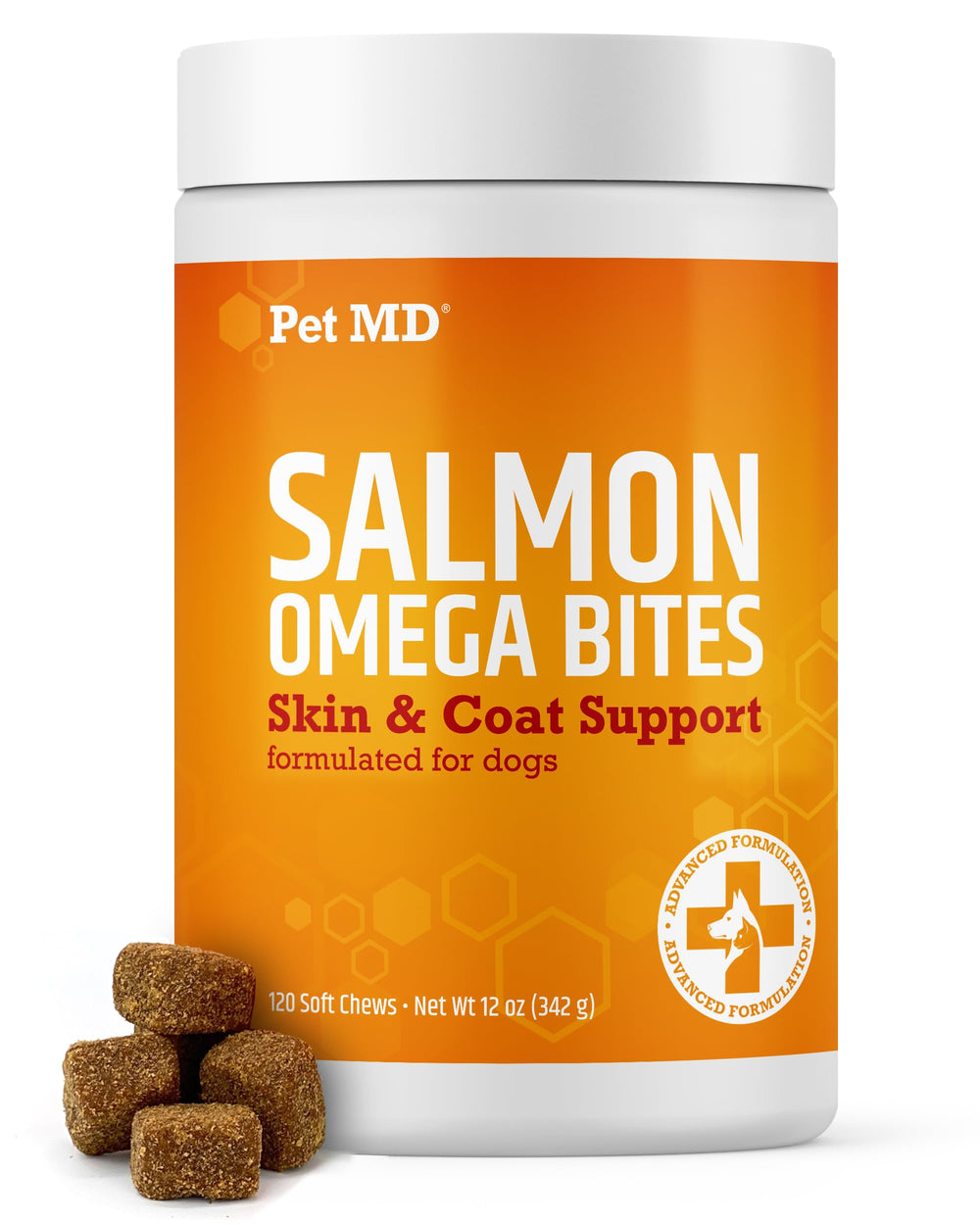 Pet MD Salmon Omega Bites bottle with chews supports skin comfort and a healthy coat