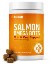 Pet MD Salmon Omega Bites bottle with chews supports skin comfort and a healthy coat