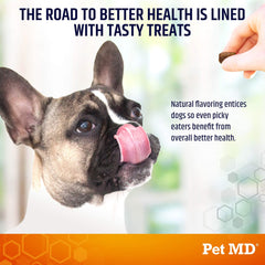 Pet MD Salmon Omega Bites chews promoting a shiny, soft coat after daily use