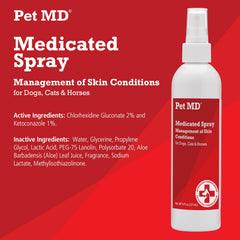 Pet MD Topical Spray dog application helps cleanse skin and coat without stinging.