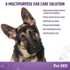Pet MD Tris Flush cat ear cleaner usage highlights safe, non-stinging formula for sensitive ears.