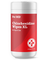 Pet MD XL topical wipes focus on face folds for gentle cleansing.