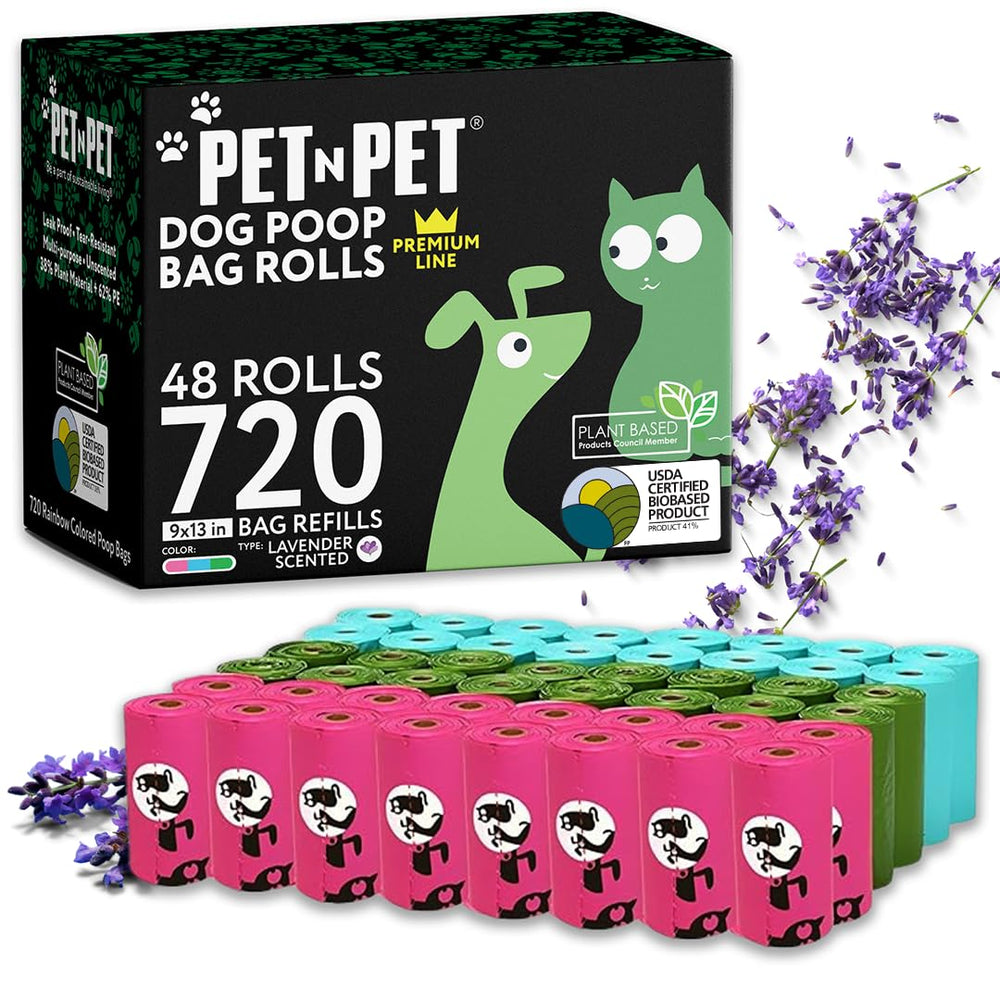 PET N PET lavender scented poop bags front pack for fresher outdoor walks.