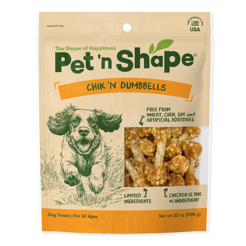 Pet 'n Shape Chik 'N Rice Dumbbells packaging showing resealable bag for freshness