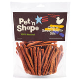 Pet 'n Shape Chik 'n Sweet Potato Stix packaging shows resealable bag for freshness