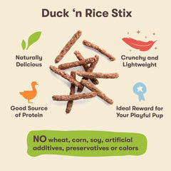 Pet 'n Shape Duck 'n Rice Stix closeup crunch highlights savory texture and bite-sized appeal
