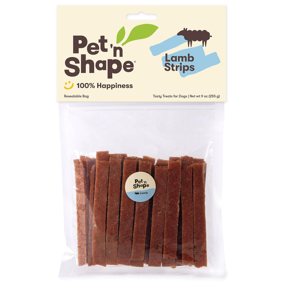 Pet 'n Shape Lamb Strips packaging emphasizes freshness with resealable bag.