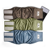 Pet Parents washable belly bands on a dog reduce mess and leaks