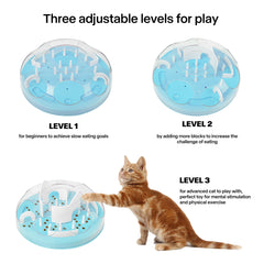Pet Prime Cat Puzzle Feeder blue side detail highlights adjustable difficulty levels for mental challenge.