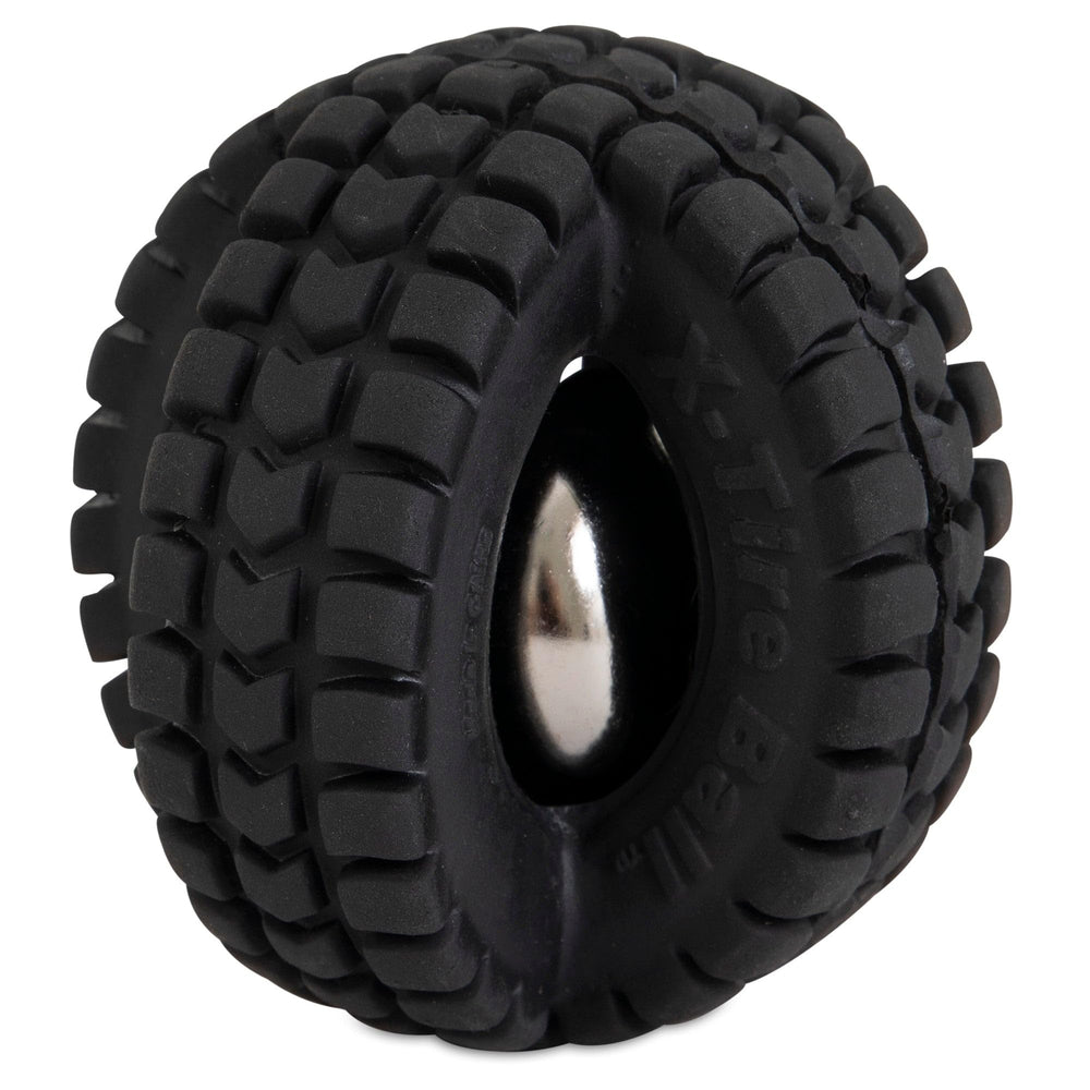 Pet Qwerks X-Tire Ball Small with jingle bell for interactive play.