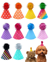 PET SHOW mini party hats pack showcases ten colorful styles for pets.