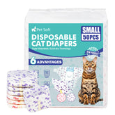 Pet Soft disposable cat diapers pack front for home use and travel protection.
