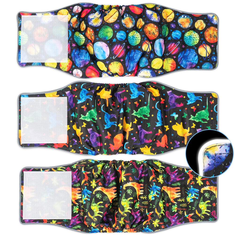 Pet Soft dog belly band dinosaur-pattern pack provides stylish potty protection.