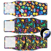 Pet Soft dog belly band dinosaur-pattern pack provides stylish potty protection.