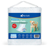 Pet Soft dog diaper liners pack 100ct shown with blue packaging for reliable boost