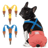 Pet Soft dog suspenders gold blue pack showing color options and secure fit benefits