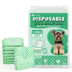 Pet Soft female dog diapers XS in green plaid pack; comfortable fit for tiny pets.