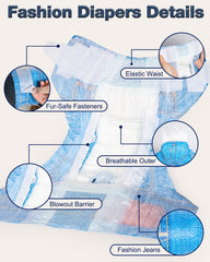 Pet Soft fur-safe fasteners on diaper, keeps diaper in place without fur pulling.