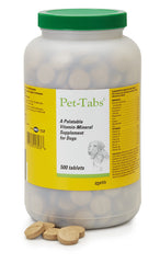 Pet-Tabs multivitamin dog chewable bottle supports daily canine nutrition with liver-flavor appeal.
