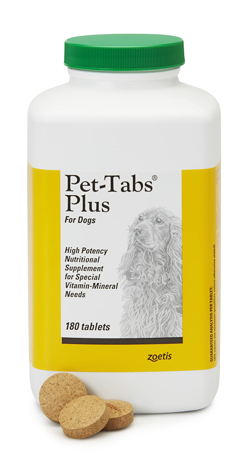 Pet-Tabs Plus bottle label highlights a liver-flavored daily dog multivitamin.