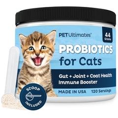 Pet Ultimates Probiotics for Cats powder dispenses into food for gentle digestion.