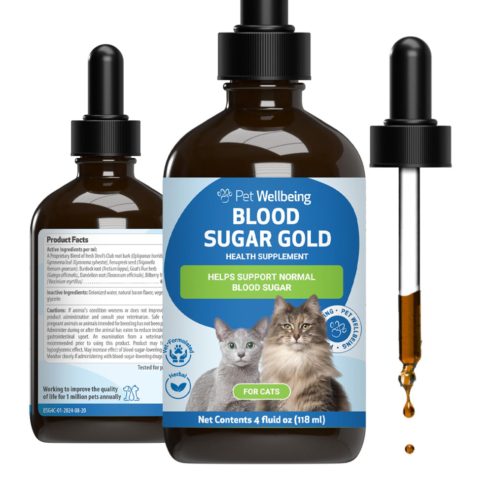Pet Wellbeing Blood Sugar Gold Cats bottle for holistic feline support and easy dosing.