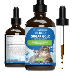 Pet Wellbeing Blood Sugar Gold Cats bottle for holistic feline support and easy dosing.
