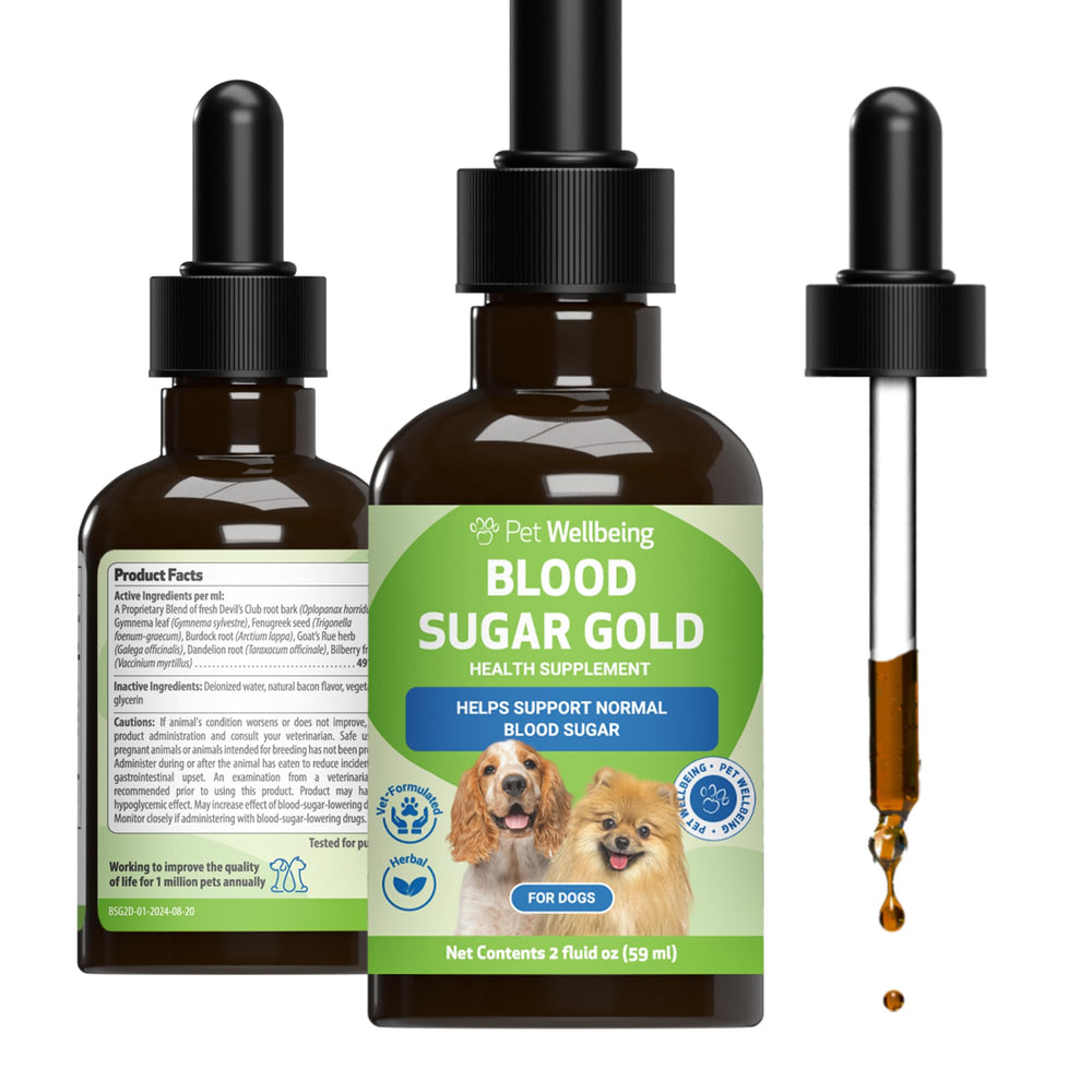 Pet Wellbeing Blood Sugar Gold bottle label—holistic support for healthy glucose metabolism.