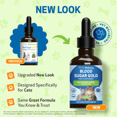 Pet Wellbeing Blood Sugar Gold for Cats bottle pour highlights easy dosing for daily feline support.