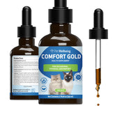 Pet Wellbeing Comfort Gold cat bottle close-up highlighting the herbal blend for daily comfort.