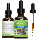 Pet Wellbeing Detox Gold para perros, botella frontal, apoyo suave a la desintoxicación diaria.