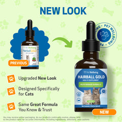 Pet Wellbeing Hairball Gold bottle label close-up highlighting ingredients