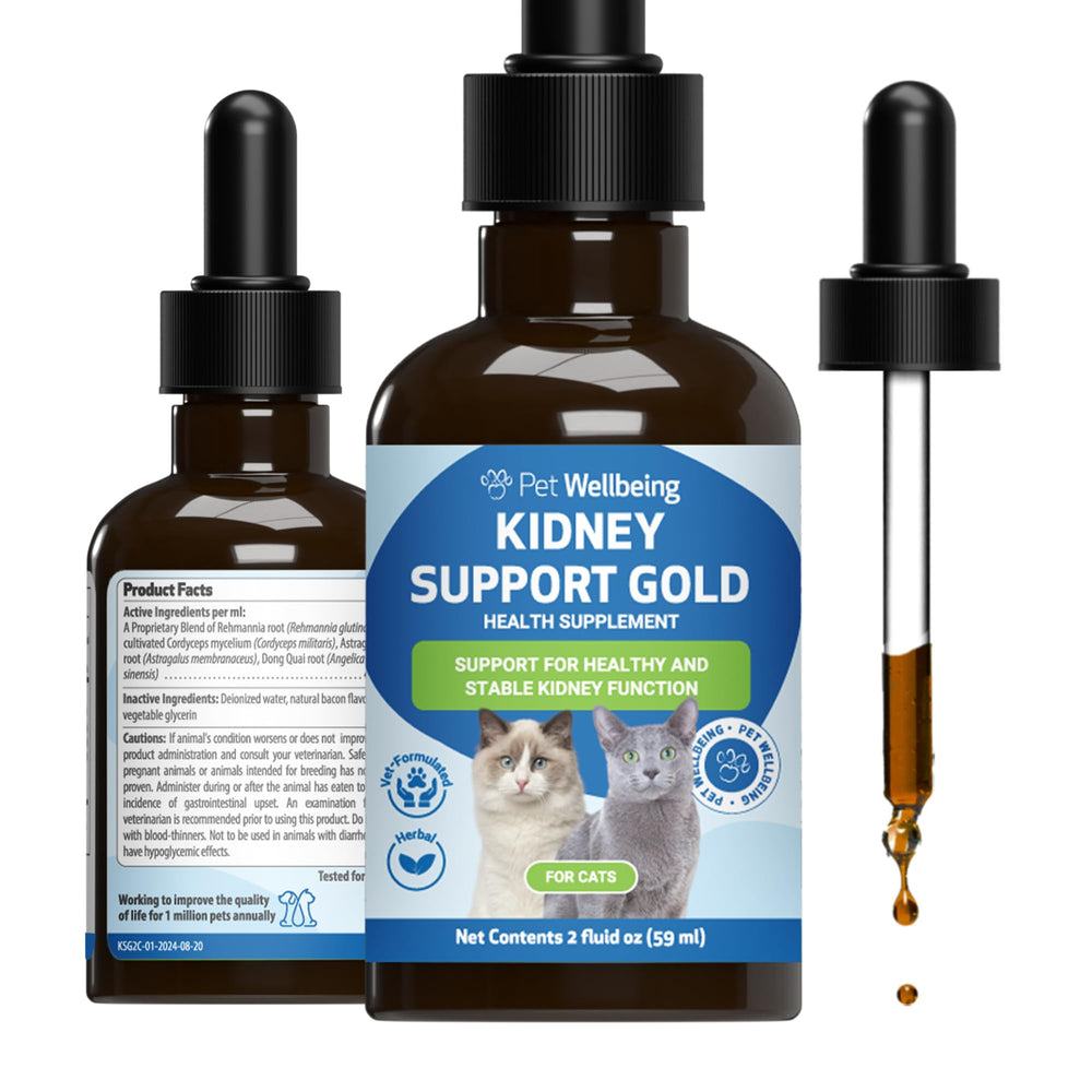 Pet Wellbeing Kidney Support Gold bottle front promotes daily cat hydration.