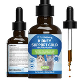 Pet Wellbeing Kidney Support Gold bottle front promotes daily cat hydration.