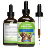 Pet Wellbeing Life Gold for Dogs bottle—immune support potential from herbal blend.