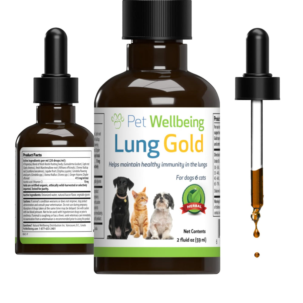 Pet Wellbeing Lung Gold bottle label highlighting canine breathing support.