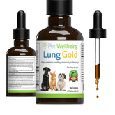 Pet Wellbeing Lung Gold bottle label highlighting canine breathing support.
