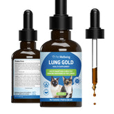 Pet Wellbeing Lung Gold for Cats bottle showing easy daily dosing with a dropper