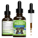 Pet Wellbeing Milk Thistle bottle label highlights organic formula for liver wellness.