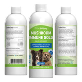 Pet Wellbeing Mushroom Immune Gold bottle pour showing easy dosing and immune support.