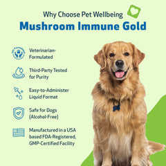 Pet Wellbeing Mushroom Immune Gold label close-up with functional mushrooms.