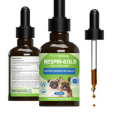 Pet Wellbeing Respir-Gold bottle promoting deeper breathing support for dogs.