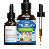 Pet Wellbeing Smooth BM Gold bottle front promotes gentle constipation relief for cats.