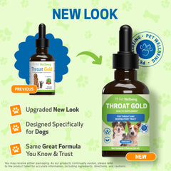 Pet Wellbeing Throat Gold bottle label highlights vet-formulated herbal blend.