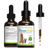Pet Wellbeing Throat Gold bottle pour shows easy dosing for dogs seeking throat comfort.