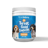Pet Wellbeing Throat Gold Chewies bottle showing convenient throat support.